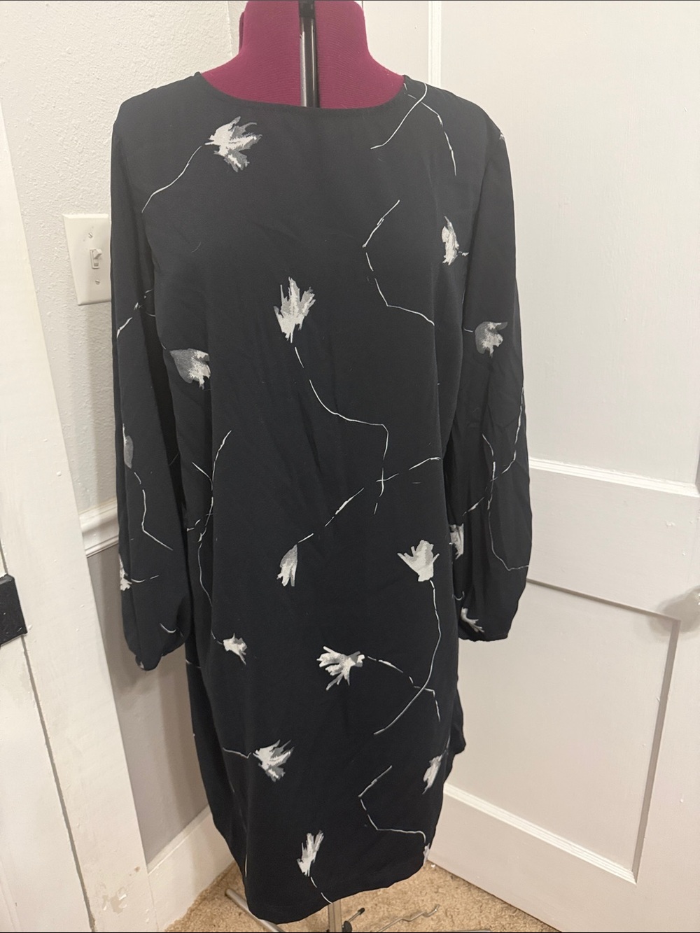 a new day Black Mini Dress with Gray Floral Sketch Print